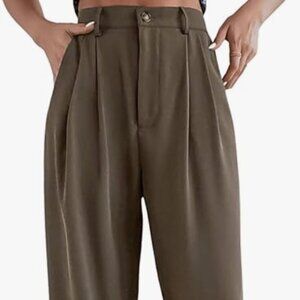 High Waist Fold Pleated Straight Leg Trousers | Brown